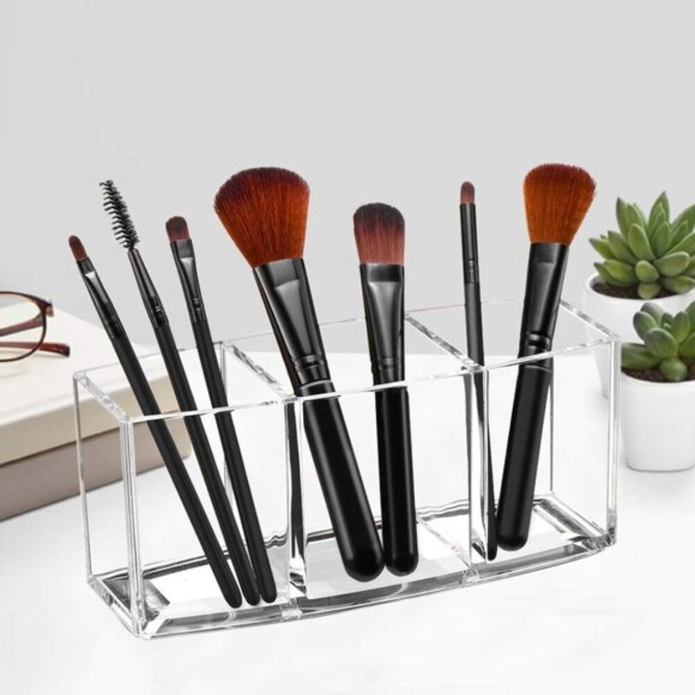 New Acrylic Makeup Brush Organizer, Clear 3-Slot Holder for Cosmetic Brushes - Picture 2 of 7
